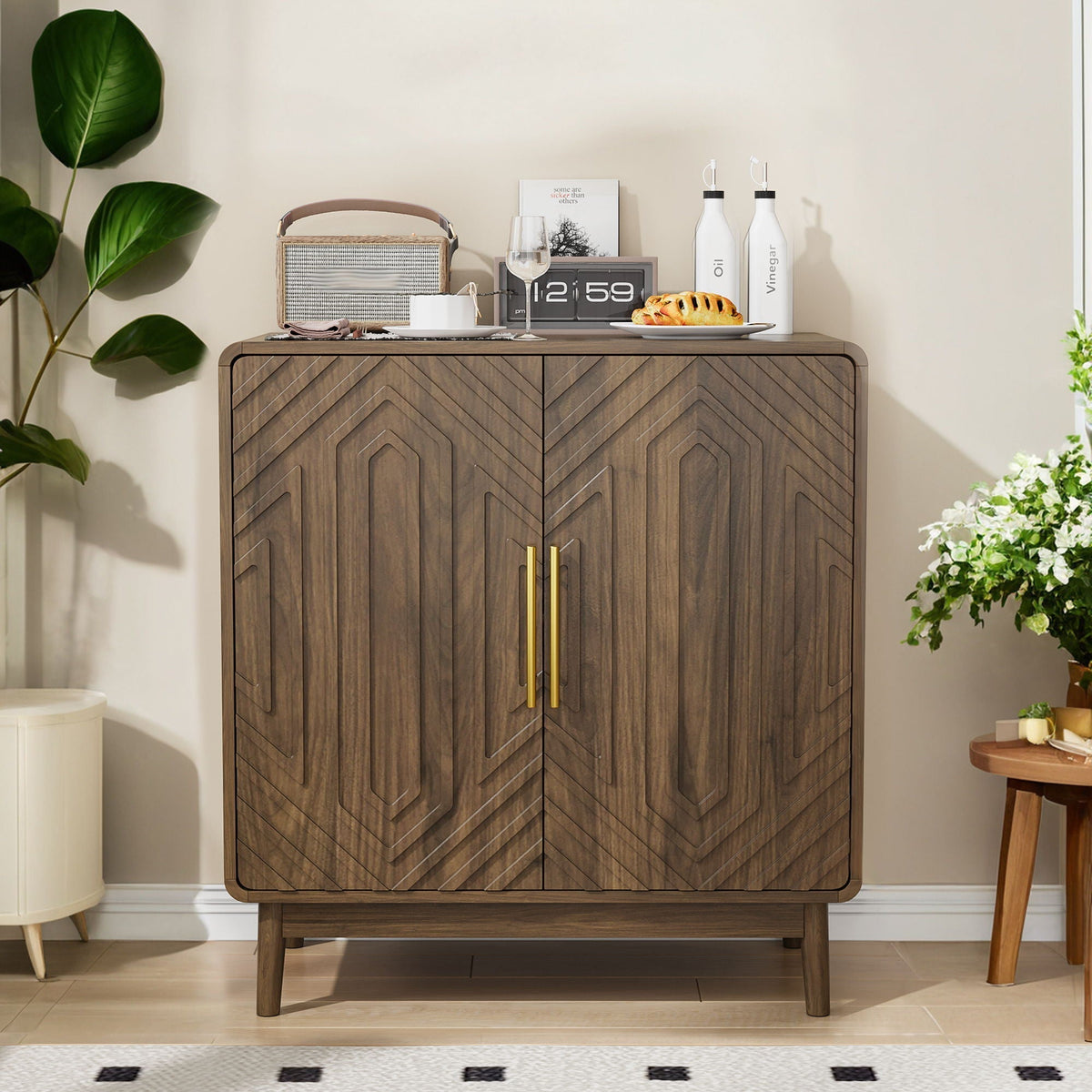 Sideboard Buffet Cabinet with Carved Doors and Adjustable Shelf - Dark Brown