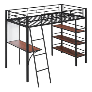 Loft Metal Bed With 3 Layers Of Shelves And Desk, Stylish Metal Frame Bed With board