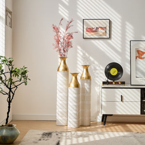 Floor Metal Vases Set of 3 - White with Gold Accents