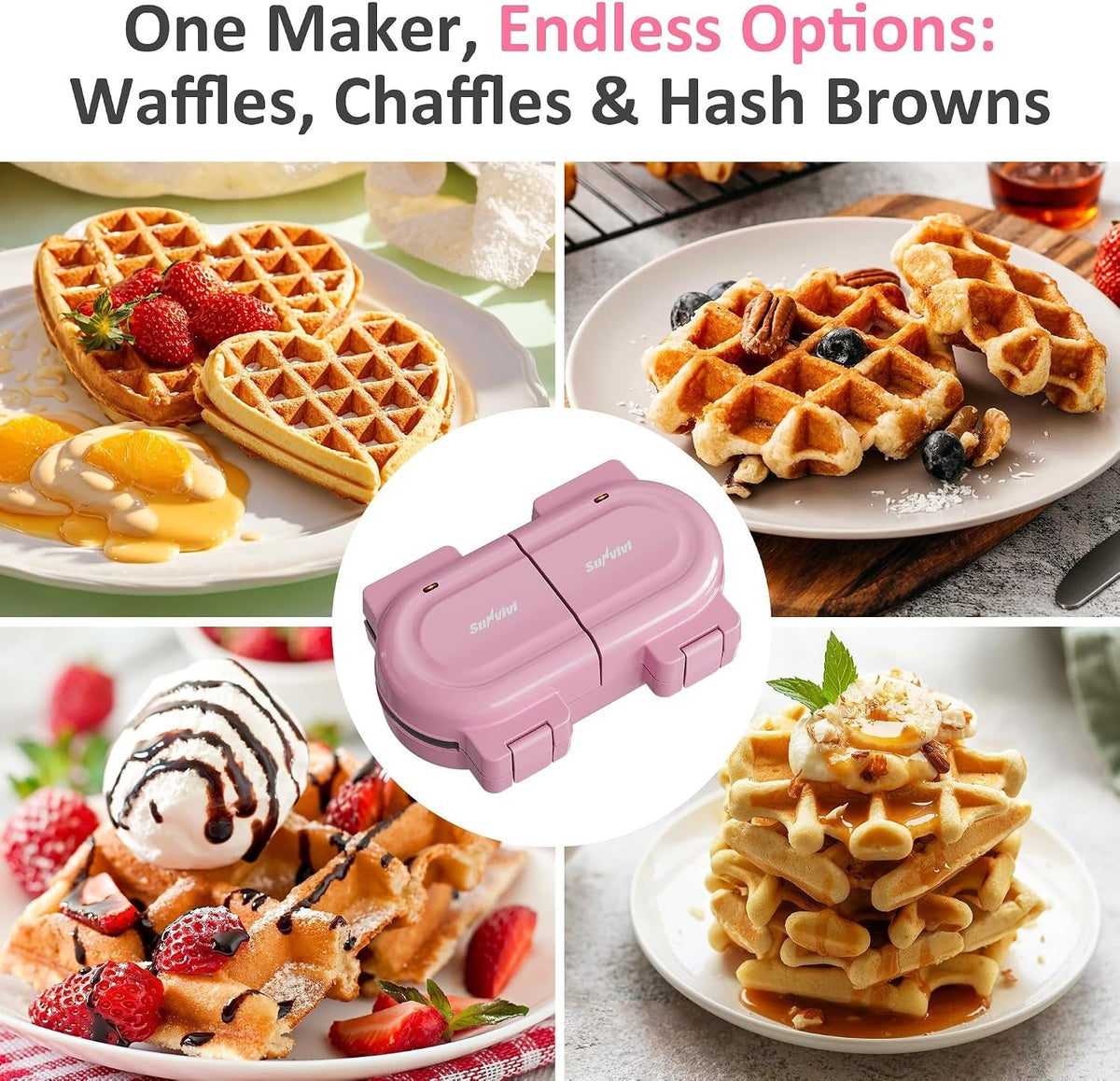 2 In 1 Heart Shape Waffle Maker - 4.6'' Double Mini Waffle Iron