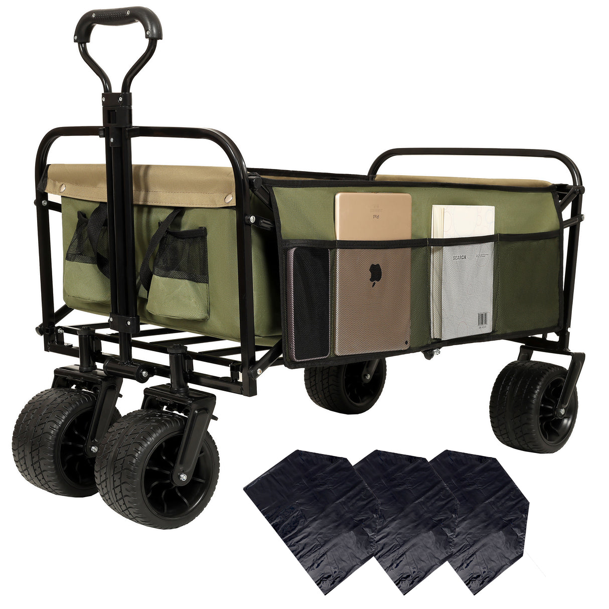 440lbs collapsible foldable wagon cart with strapping system ,beach wagon utility cart utility wagon grocery cart for camping shopping sports gardening fishing supports 3pcs plastic liner bag green