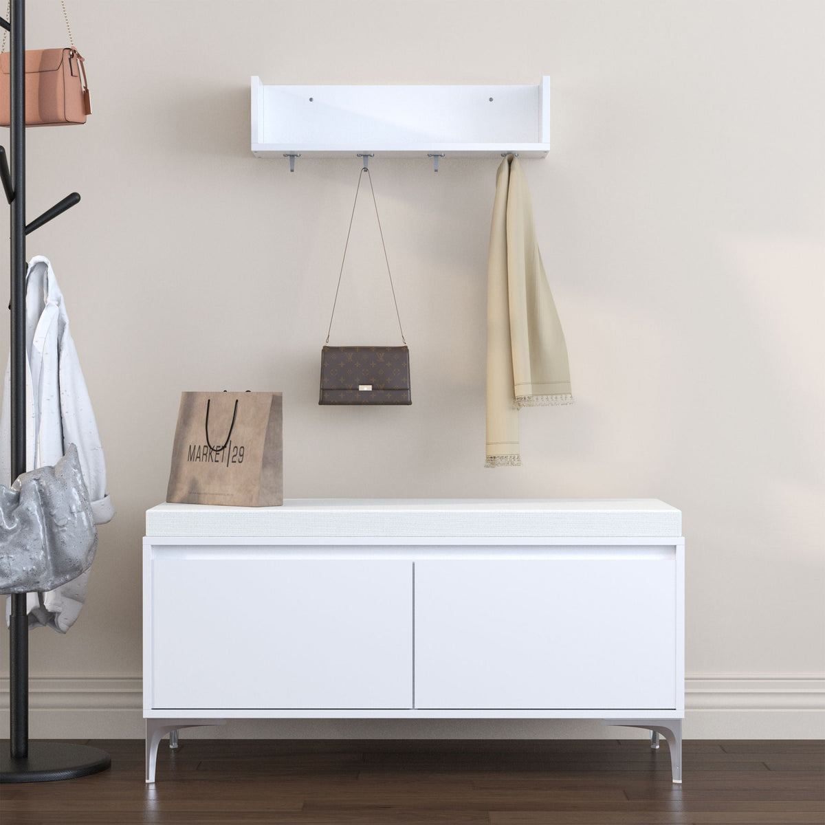 Wall Mounted Entryway Shelf and Storage Bench Set with Hooks and Storage - Off White