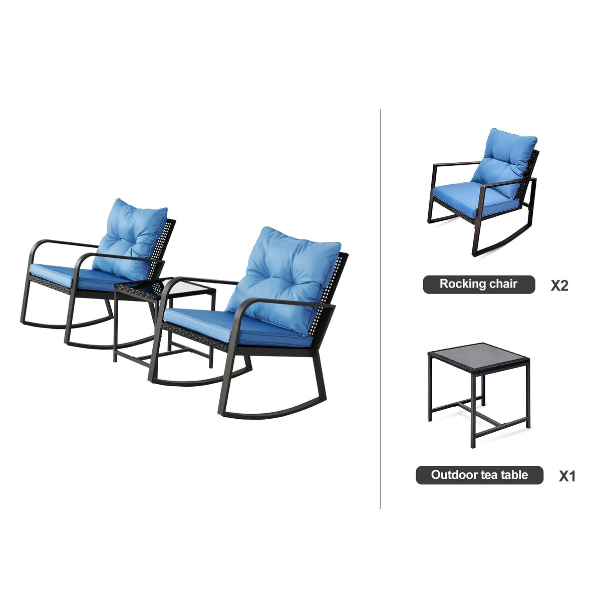3 Piece Patio Bistro Set with Blue Cushions – Outdoor Rocker Chair Set