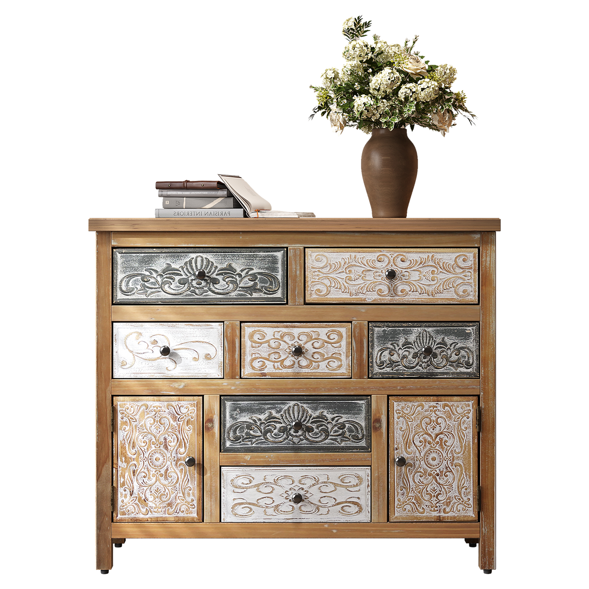 Vintage Wooden Accent Chest with 7 Drawers & 2 Cabinets