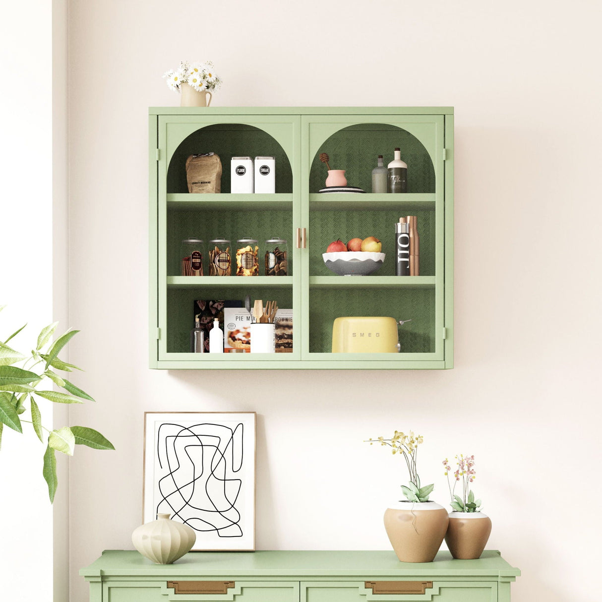 2 Door Wall Cabinet With 3 Tier Storage - Green