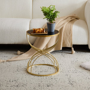 Modern Side Table with Golden Metal Frame and Black Mirror Top