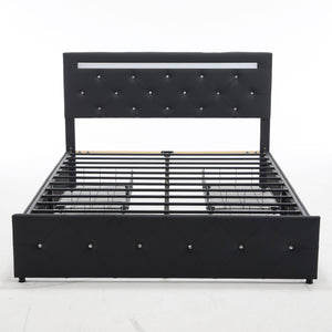 Upholstered Bed Frame With LED Lights, 4 Storage Drawers, Charging Station