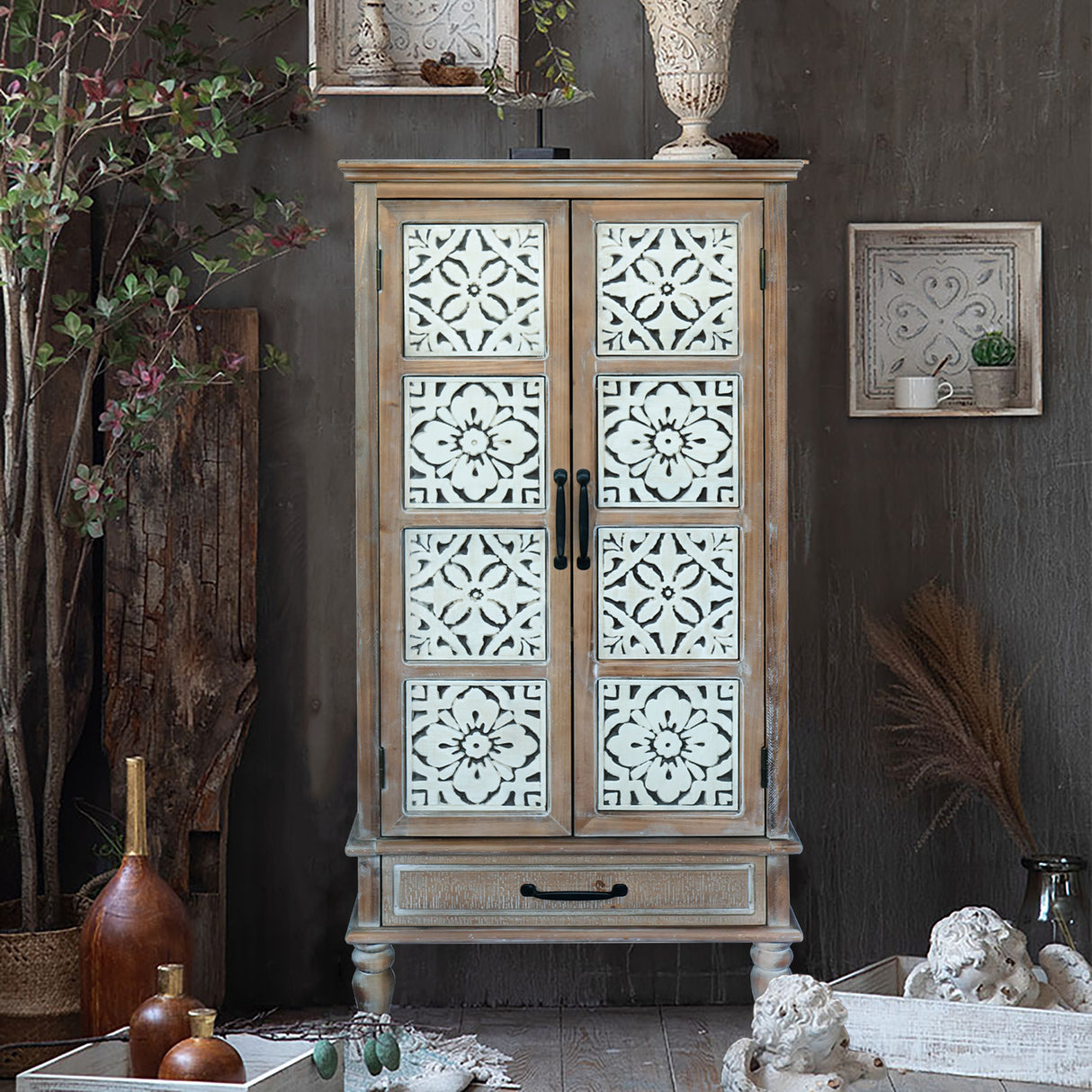 55.12'' Tall Tower Storage Cabinet - Rustic Wood Sideboard Pantry Cabinet