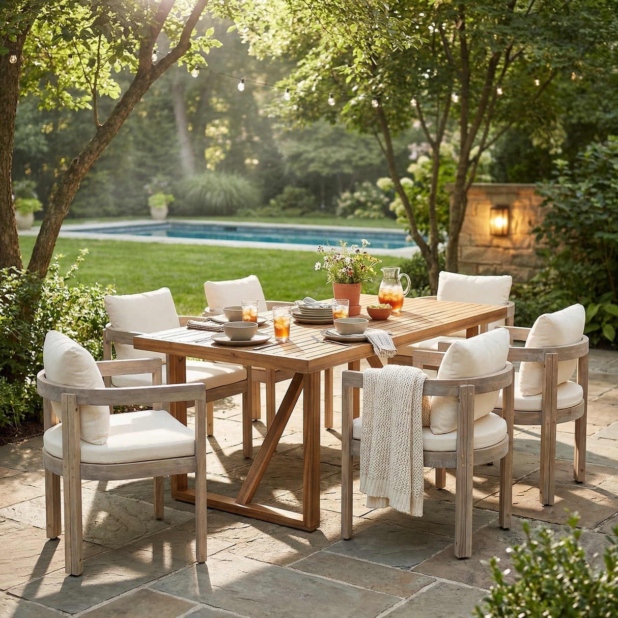 7 Pieces Acacia Wood Outdoor Dining Set with Cream Cushions