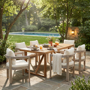 7 Pieces Acacia Wood Outdoor Dining Set with Cream Cushions