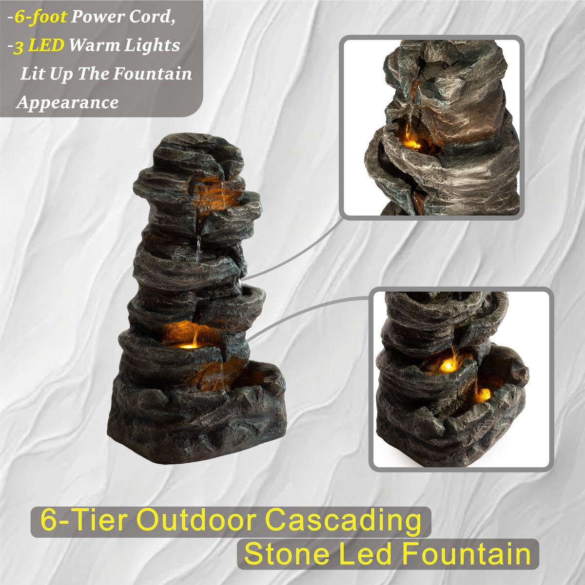 6-Tier Outdoor Cascading Stone Water Fountain with 3 LED Lights, Freestanding Led Fountain Decor for Garden, Patio, Yard & Deck, Natural Rock Appearance