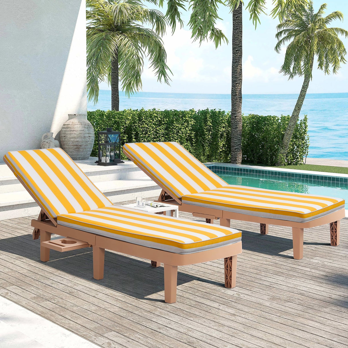 2-Piece Outdoor Chaise Lounge Cushion Set, Yellow/White