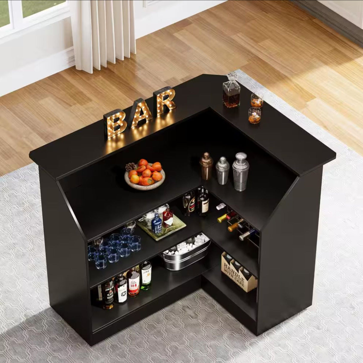 L-Shaped Home Bar Cabinet With Stemware Racks, 4 Tier Corner Unit, Liquor Wine Bar Table & Reception Desk For Home Pub - Black
