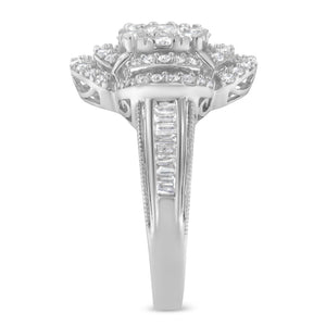 14K White Gold 1.0 Cttw Round & Baguette Cut Diamond Floral Cluster Quatrefoil Channel Set Band Cocktail Statement Ring (H-I Color, SI2-I1 Clarity) - Size 6-3/4