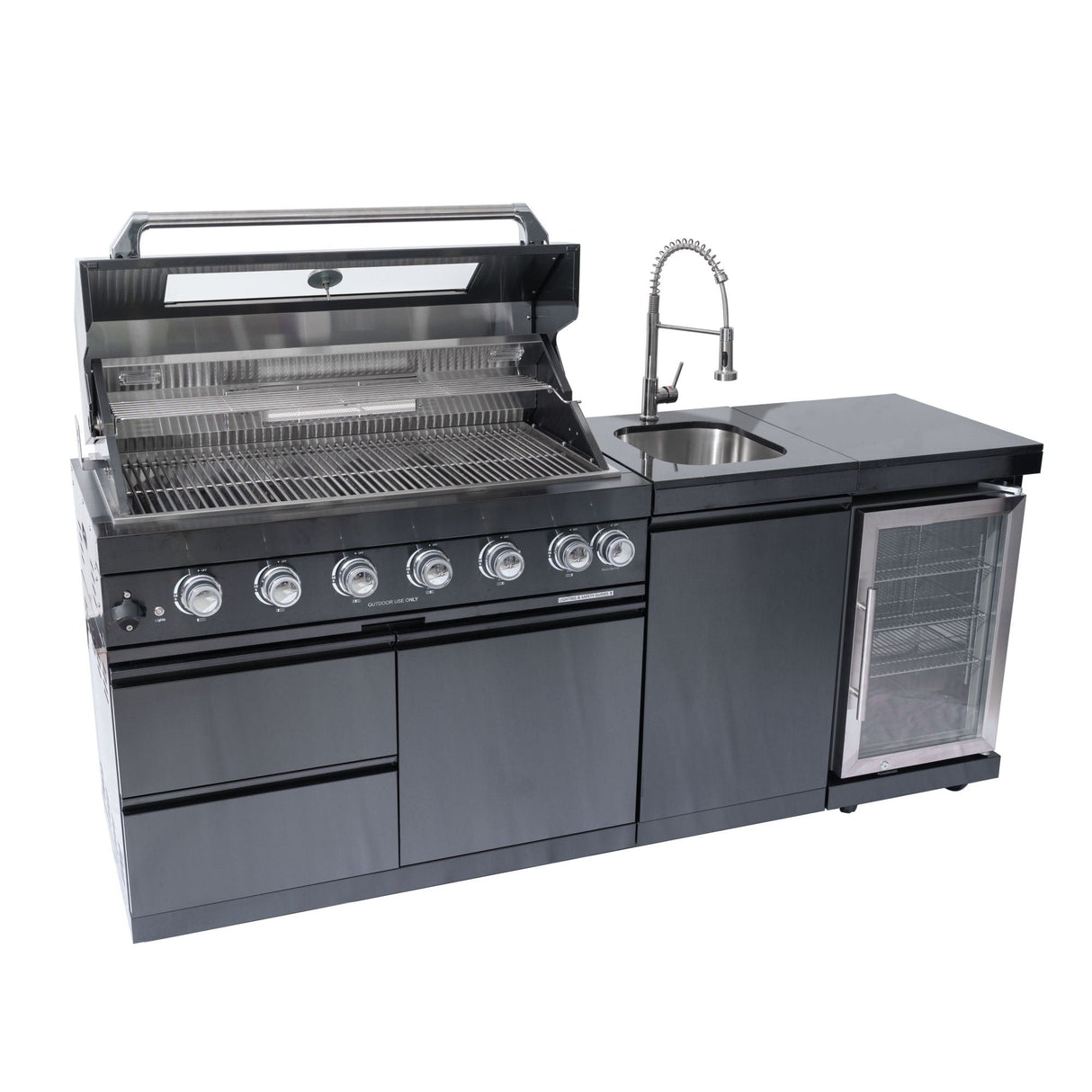 6 Burner 85,000 BTU Outdoor Kitchen Island Grill with Wine Cooler Refrigerator, Rotisserie Kit, Granite Countertops &