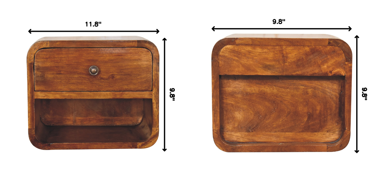 Solid Wood Mini Curve Floating Nightstand, 1-Drawer, 1 Open Slot, Chestnut