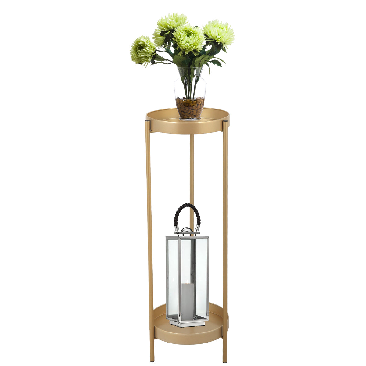 Modern-Folding-Metal-2-Tier-Plant-Stand-Potted-Plant-Holder-Shelf-with-2-Round-Trays-Indoor-Outdoor,-Versatile,-Golden-Pots-&-Planters