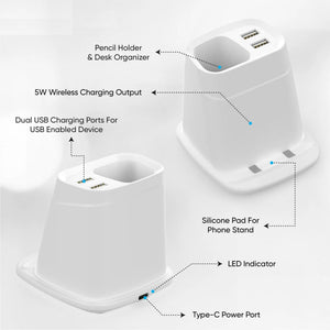 Wireless Charging Stand with Dual USB Charger & Desk Organizer