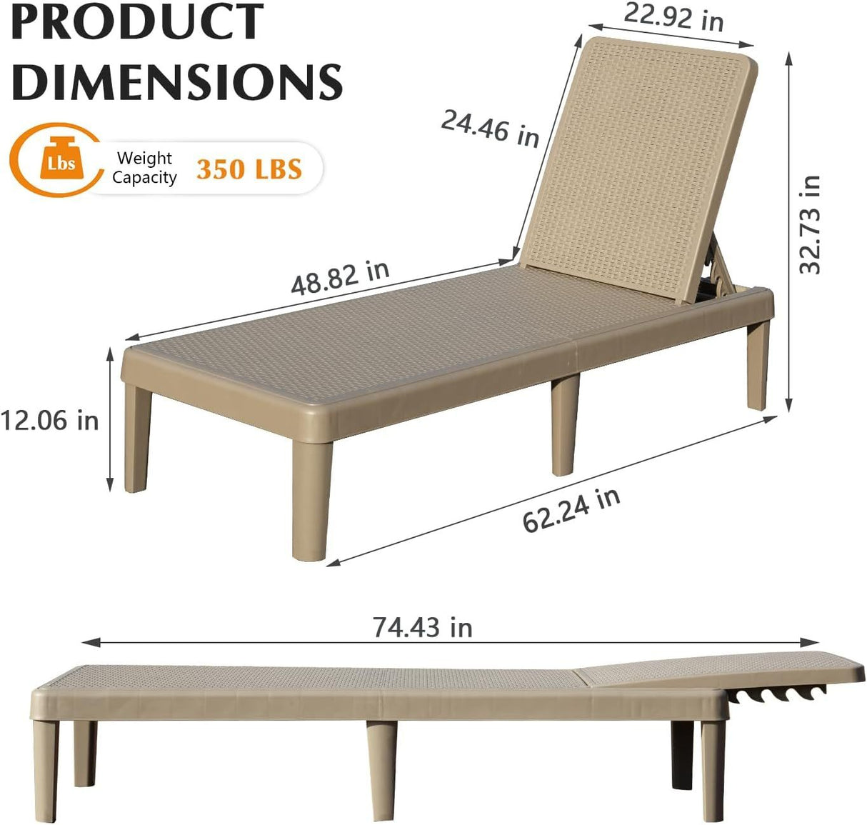 Pool Lounge Chairs Set of 2, Outdoor Lounge Chairs with 6 Positions Backrest Adjustable, Resin Waterproof Chaise Lounge Outdoor for Poolside Patio Garden Deck