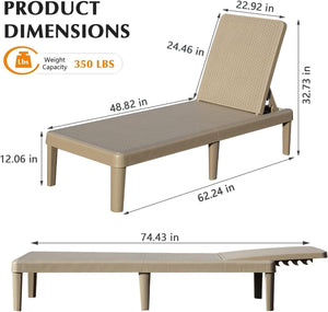 Pool Lounge Chairs Set of 2, Outdoor Lounge Chairs with 6 Positions Backrest Adjustable, Resin Waterproof Chaise Lounge Outdoor for Poolside Patio Garden Deck