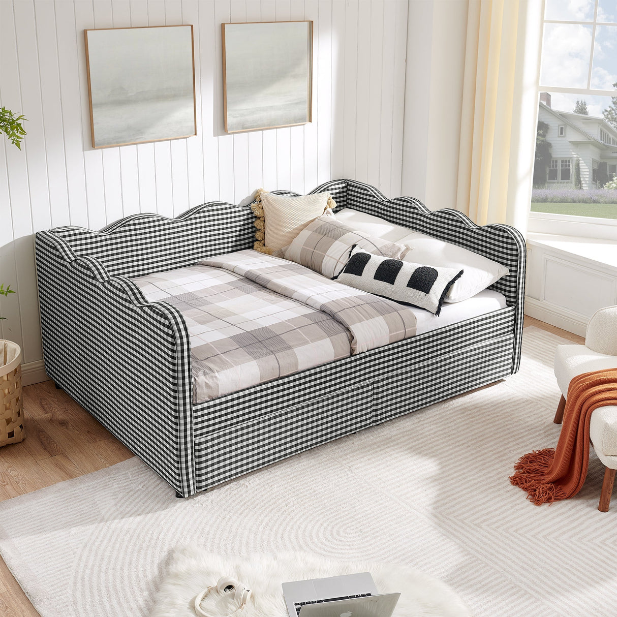 Full Size Cozy Gingham Daybed with Two Storage Drawers, with USB Port and Adorable Wave Shaped, Linen Fabric