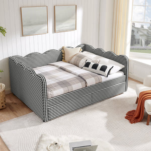 Full Size Cozy Gingham Daybed with Two Storage Drawers, with USB Port and Adorable Wave Shaped, Linen Fabric
