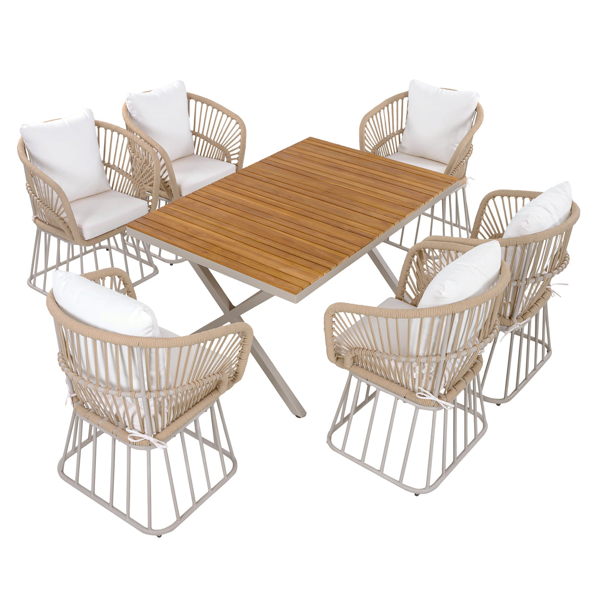 Outdoor 7-Piece Dining Set - Rectangular Teak Wood Table + 6 Wicker Chairs