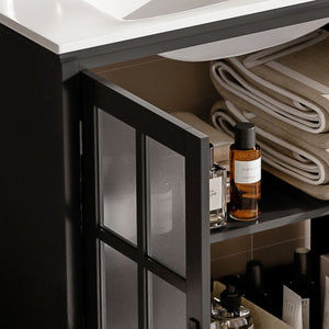 Modern Bathroom Vanity With Ceramic Sink, Tempered Blurred Glass Doors