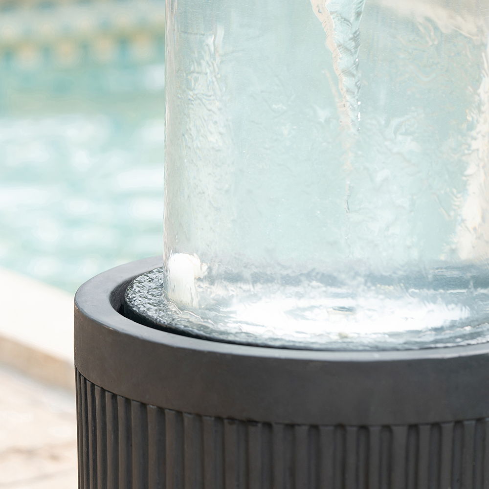 Heavy Cement Round Ribbed Outdoor Water Fountain With Light - Black White