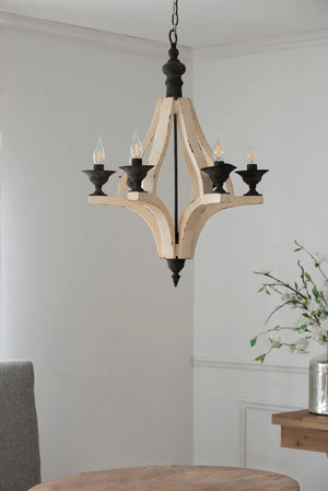 6 Light Wood Chandelier with Adjustable Chain - Cream