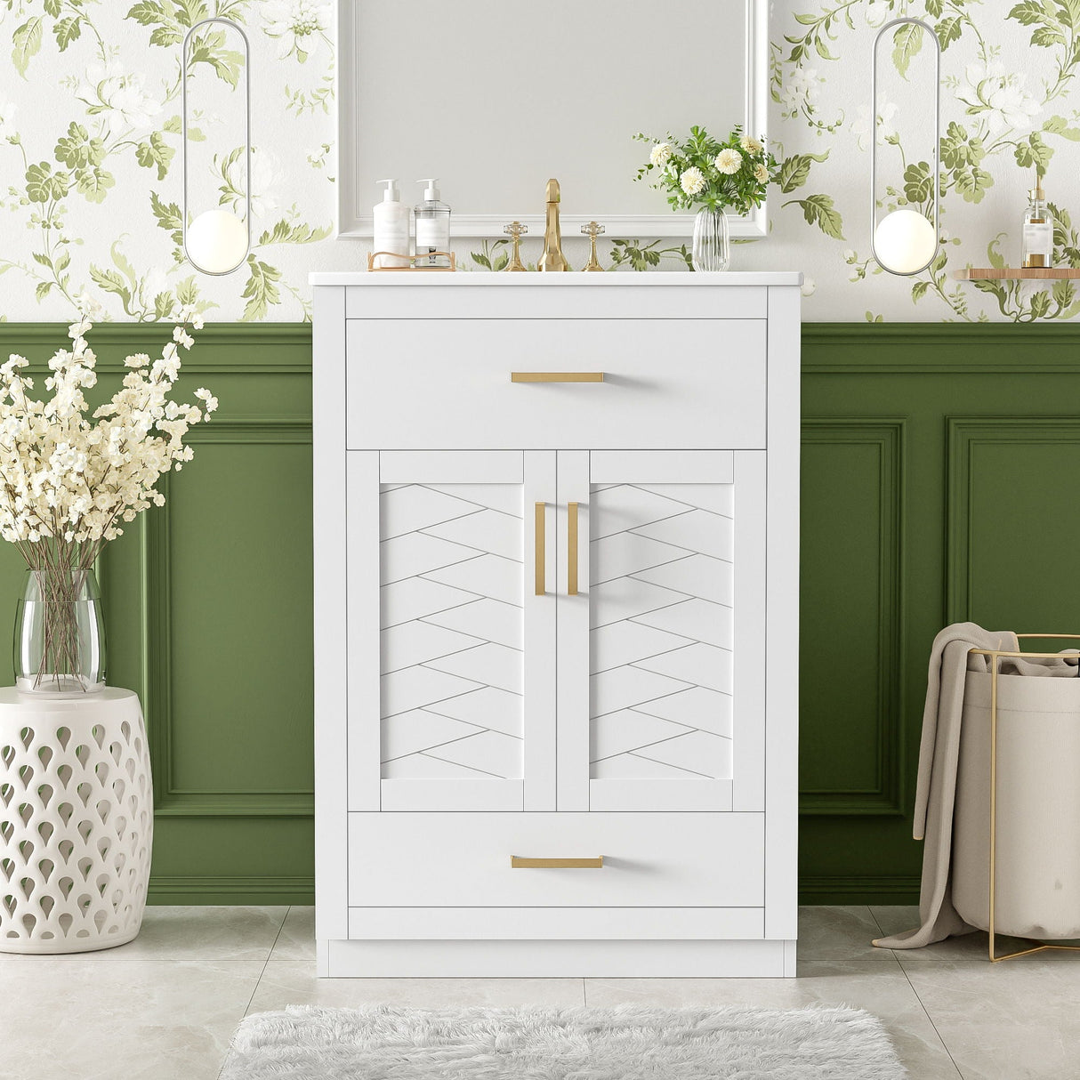 Modern Bathroom Vanity With Integrated Ceramic Sink, 2 Door Cabinet With Tip-Out Drawer