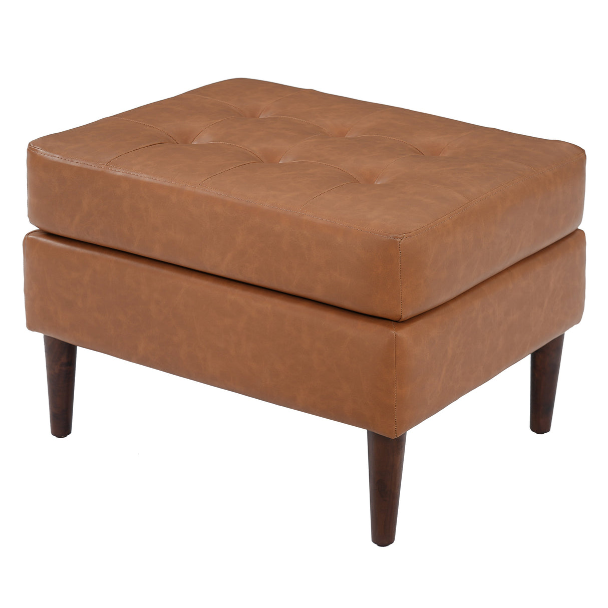 Upholstered PU Leather Ottoman, Solid Wooden Legs