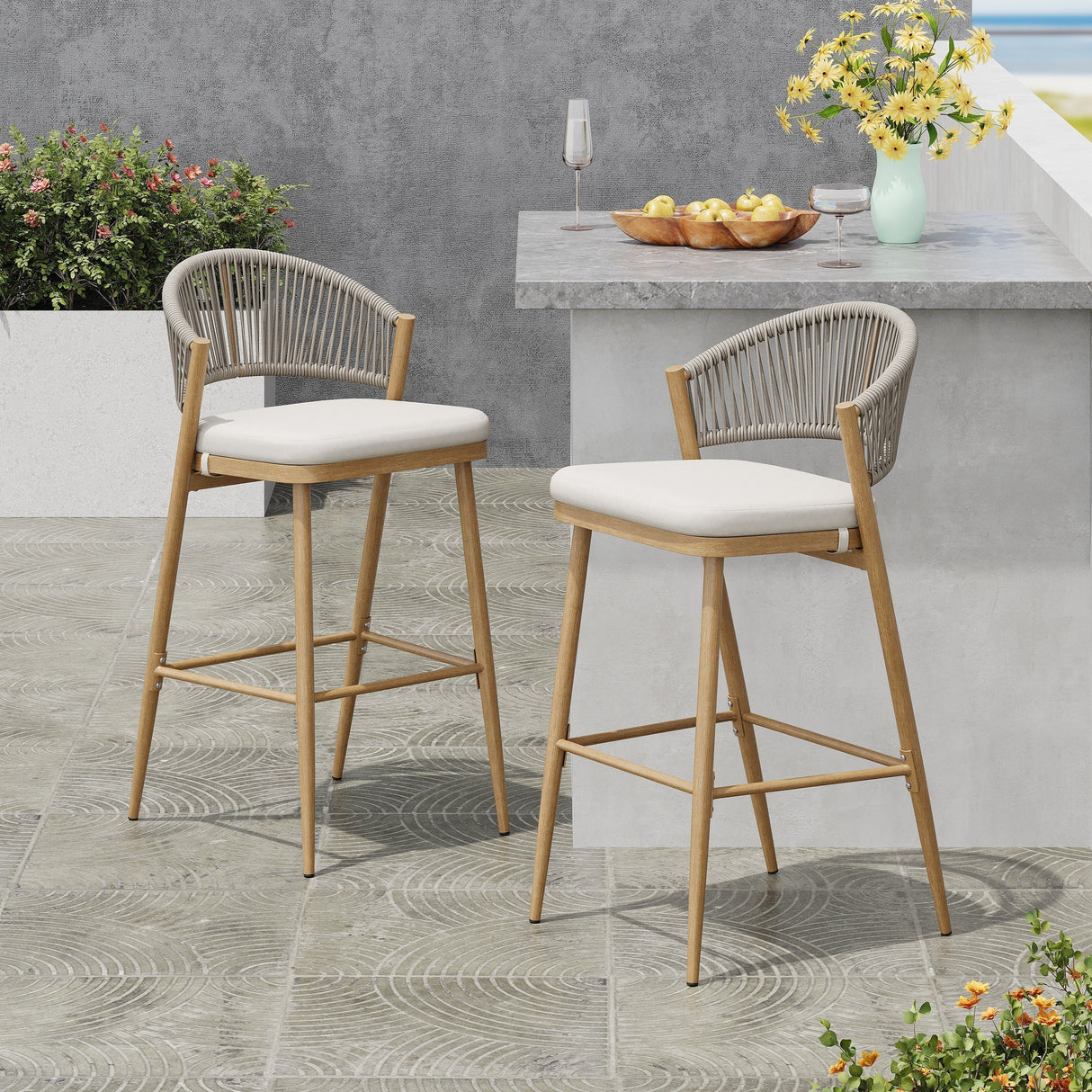 Outdoor 30.25' Bar Height Aluminum Frame Counter Stools with Scallop-shaped Backrest & Water-resistant CushionsSet of 2Maple Finish