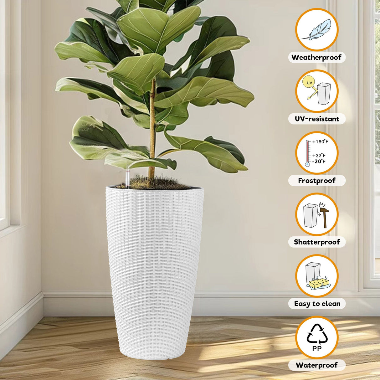 Faux Rattan Tall Planters Set with Water Level Monitor and Automatic Watering