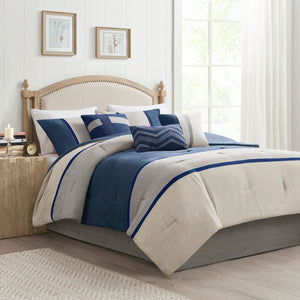 Blue Faux Suede 7 Piece Comforter Set with Coordinated Pillows - California King