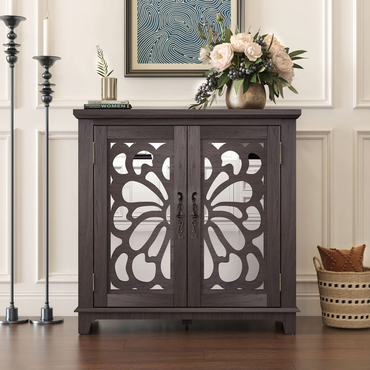 Elegant Sideboard with Two Acrylic Mirrored Doors and Adjustable Shelf Storage