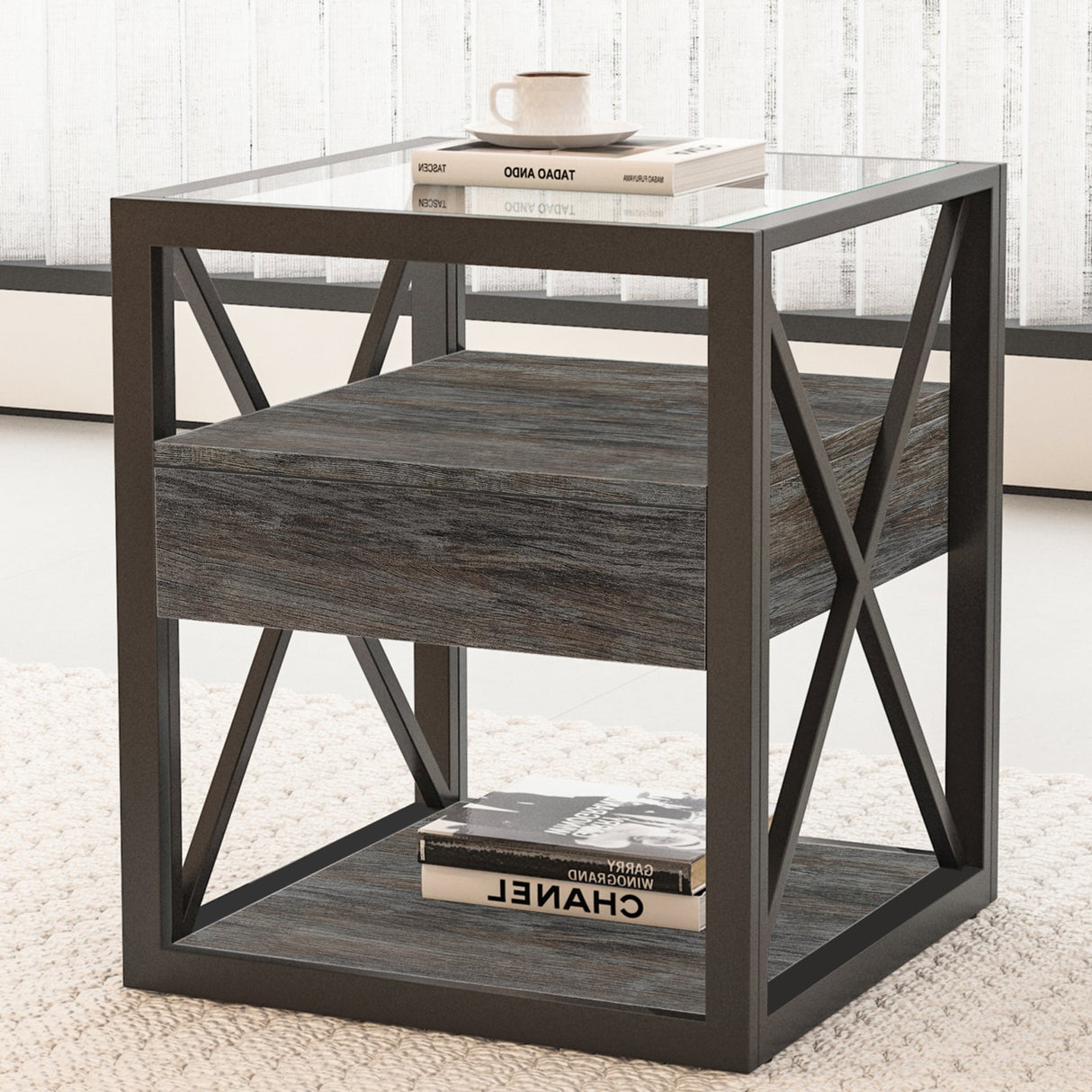 Set of 2 Modern End Tables with Drawer - Nightstand