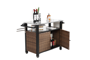 Outdoor Kitchen Wicker Island Rolling Cart & Storage Cabinet Brown