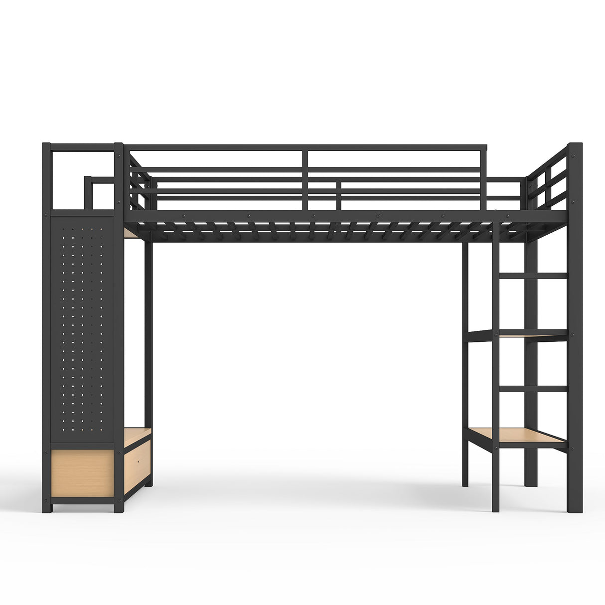 Twin XL Size Loft Bed Frame with Wardrobe and Shelves