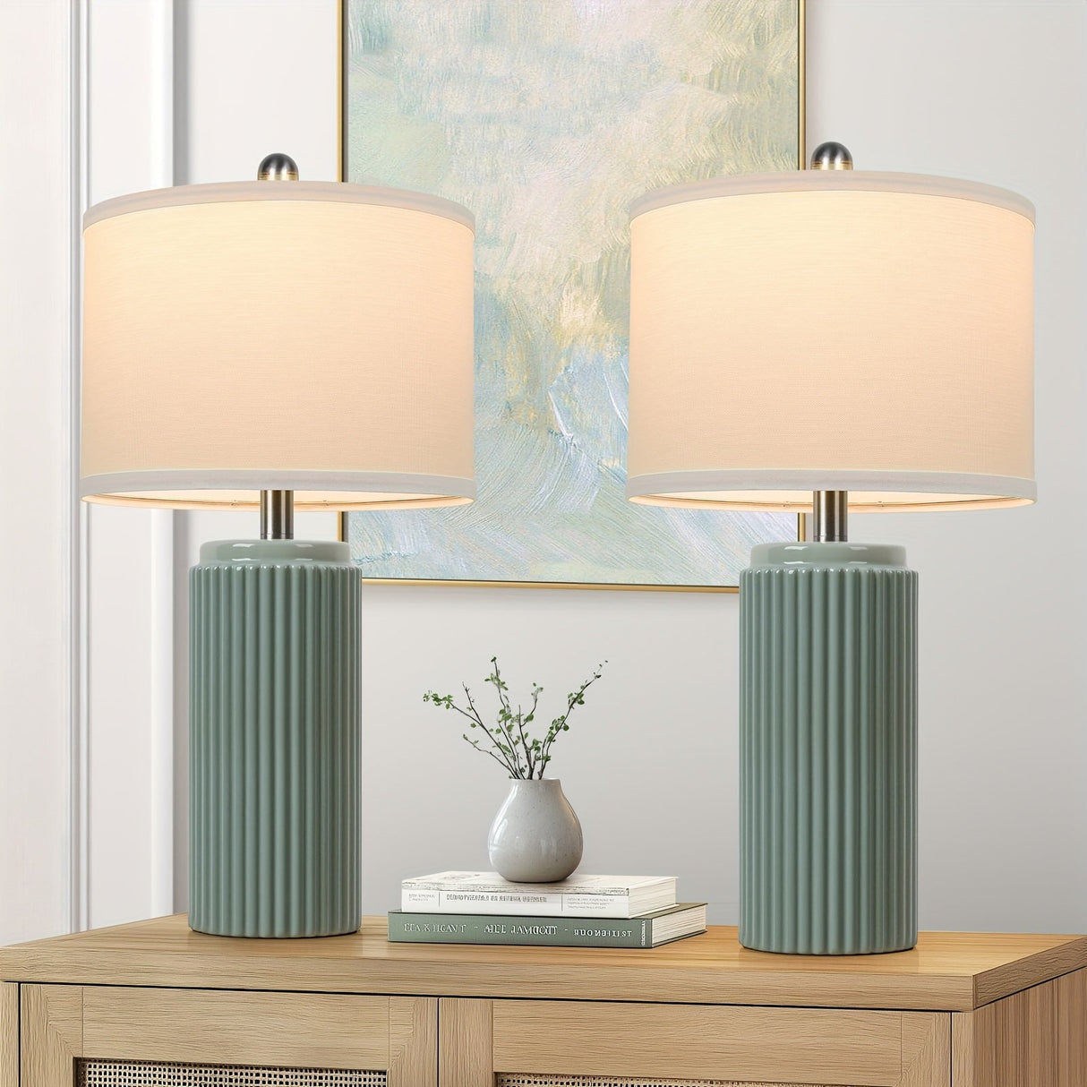 Farmhouse Table Lamps Set of 2 – Ceramic Base Bedside Lamps for Bedroom & Living
