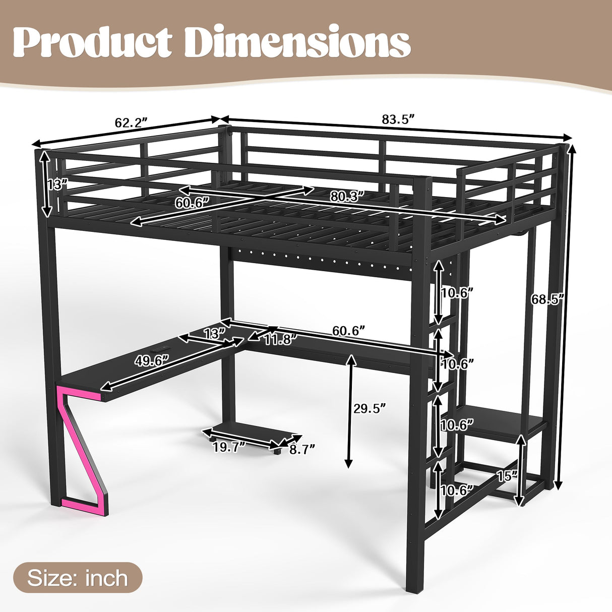 Queen Loft Bed with L-shaped Desk and USB Ports