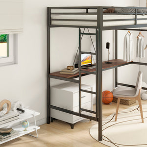 Adam - Twin Loft Bunk Bed With Cinnamon Wood Desk And Closet Rod - Black