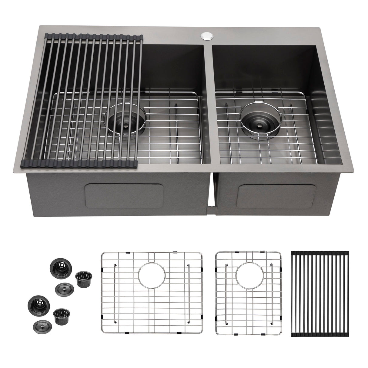 Double Bowl Drop-In Sink With 2 - 9" Deep Basins - Gunmetal Black