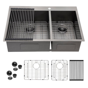 Double Bowl Drop-In Sink With 2 - 9" Deep Basins - Gunmetal Black