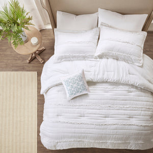 White Microfiber Ruffled Comforter Set with Decorative Pillow – Queen