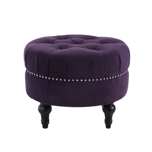 Dawn Tufted Round Ottoman in Purple Velvet with Nailhead Accents