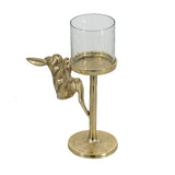 Set of 2 Gold Rabbit Pillar Candle Holders with Clear Glass Hurricane Shade