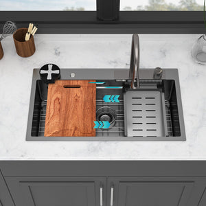 33" Stainless Steel Single Bowl Kitchen Sink With Waterfall Flow