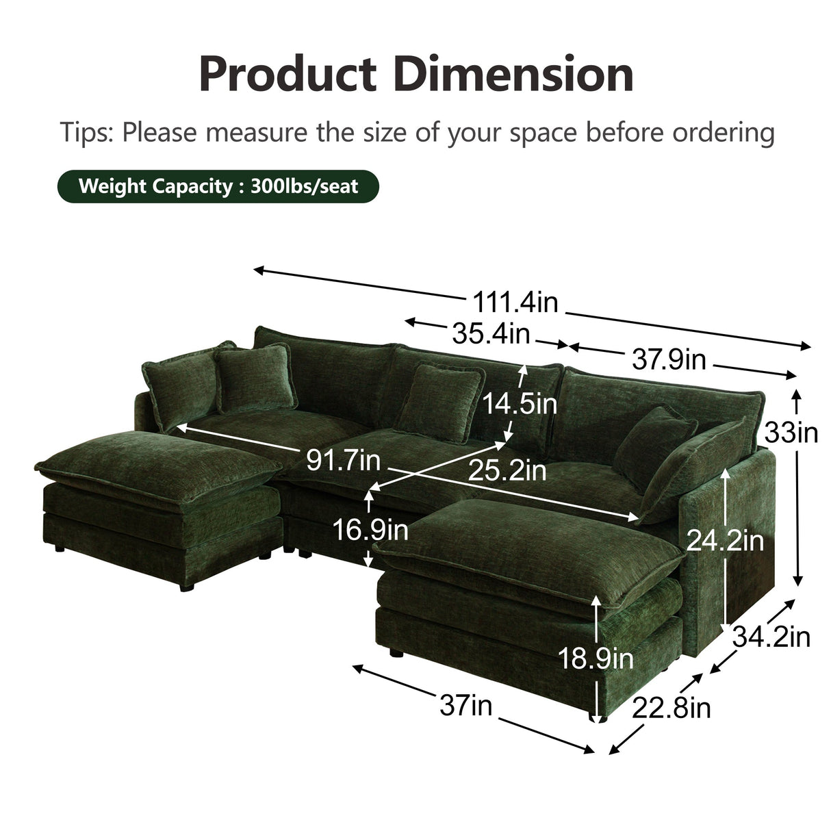 U-Shaped Sectional Sofa with Reversible Footrest