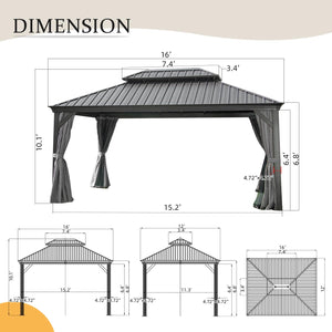 12' X 16' Hardtop Metal Gazebo with Double Roof Canopy
